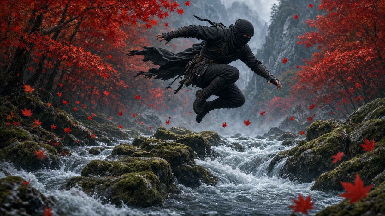 Adult ninja in dark garb leaping across mossy stepping stones over a rushing mountain stream, blazing red maple trees and falling leaves, dynamic motion, original AI ninja wallpaper