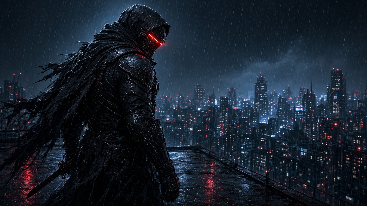 Original adult cyber ninja on a wet neon-lit rooftop at night, glowing red visor, rain, futuristic city below, no signs, original AI ninja wallpaper