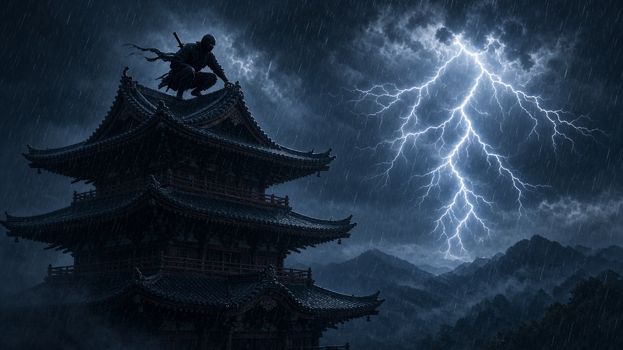Silhouette of an adult ninja crouched on the curved roof of a tall pagoda during a violent night thunderstorm, bright lightning bolts, driving rain, original AI ninja wallpaper