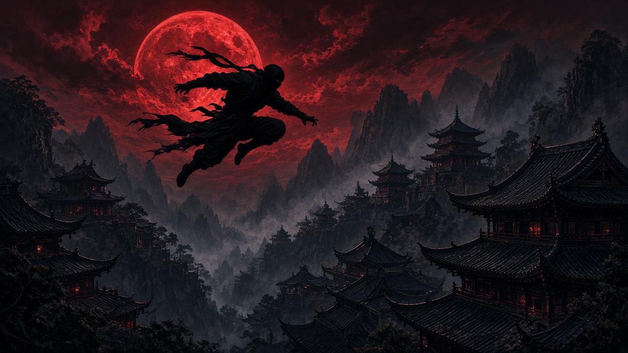 Black-clad original adult ninja silhouette leaping between pagoda rooftops beneath a blood-red moon, original AI ninja wallpaper