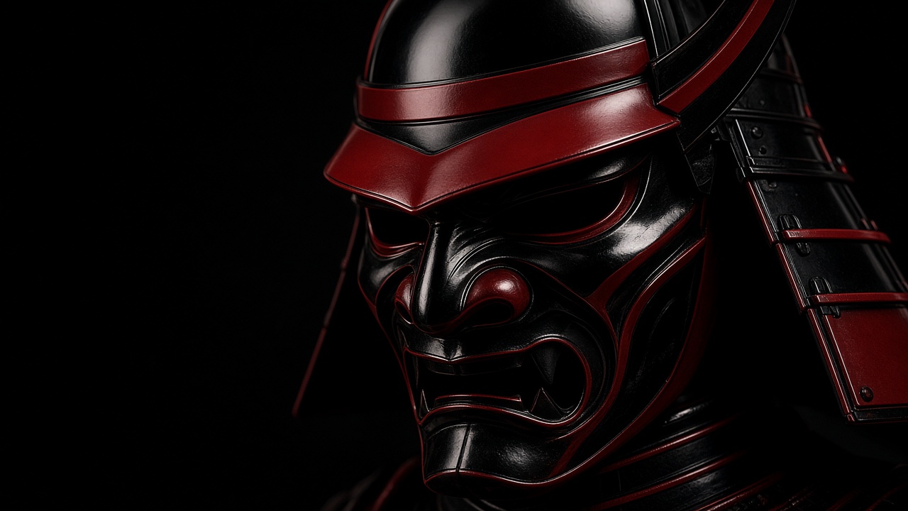 Close-up of a fierce black and red samurai war mask helmet on a dark background, smooth plain lacquer surfaces with no engravings, glyphs or characters, dramatic lighting, no people, original AI ninja wallpaper