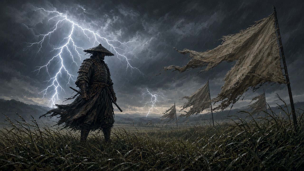 Original adult samurai standing firm in a grassy field during a lightning storm, plain unmarked cloth banners whipping, epic painting, original AI ninja wallpaper