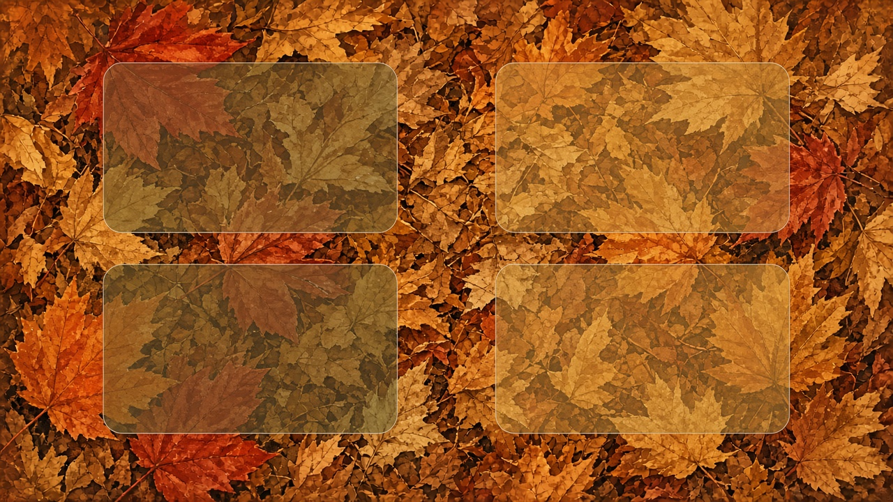 Flat 2D desktop wallpaper of warm autumn leaves with four faint translucent rounded rectangle zones overlaid flat on the image, empty, no objects, no text, original AI organizer wallpaper