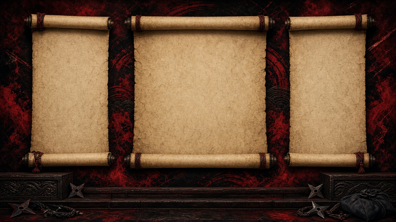 Three blank parchment scroll panels on a dark red and black background, ninja-themed desktop organizer, original AI organizer wallpaper