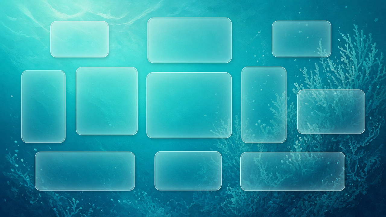 Teal ocean gradient background with blank translucent rounded boxes arranged as desktop organizer zones, original AI organizer wallpaper