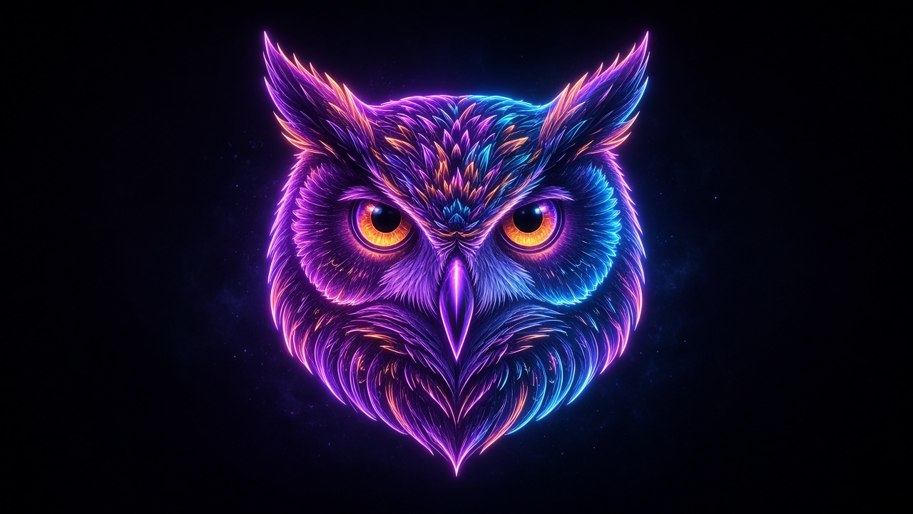 Centered glowing neon outline owl face on a dark background, bold profile picture composition, original AI profile picture wallpaper