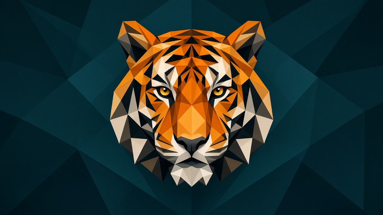 Centered low-poly geometric tiger face in orange and black on a dark teal background, profile picture composition, original AI profile picture wallpaper