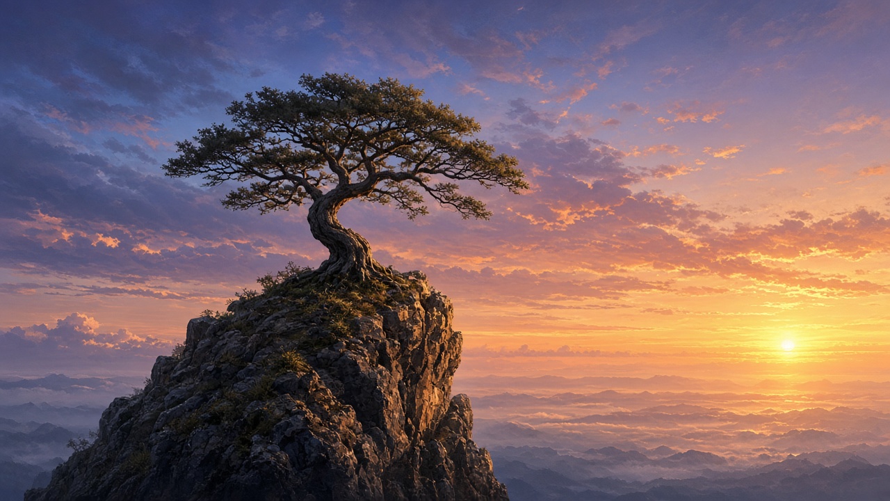 Lone tree growing from a cliff rock against a wide sunrise sky, symbol of resilience, original AI motivational wallpaper