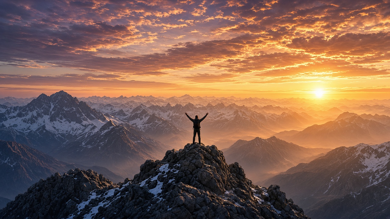 Adult climber standing on a mountain summit with arms raised at sunrise, inspirational, small figure, original AI motivational wallpaper