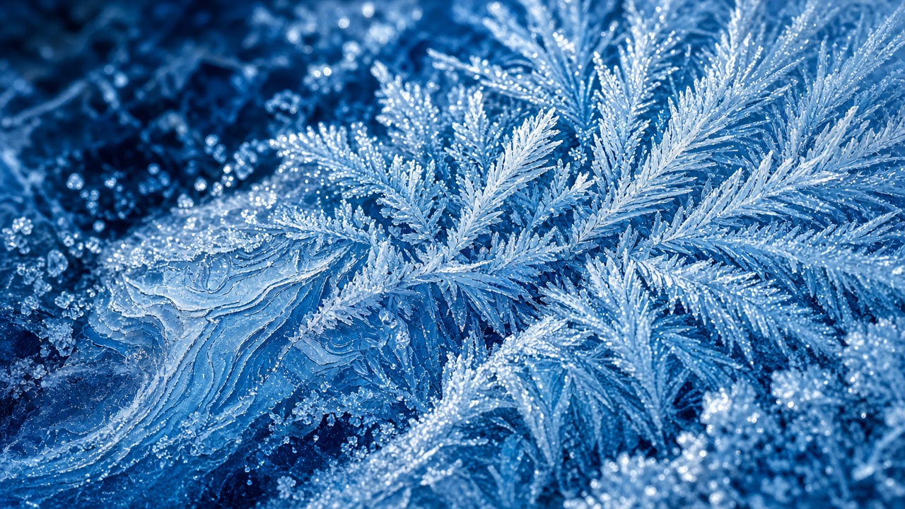 Ultra sharp macro photo of ice crystals and frost patterns, blue and white, extreme detail, original AI wallpaper