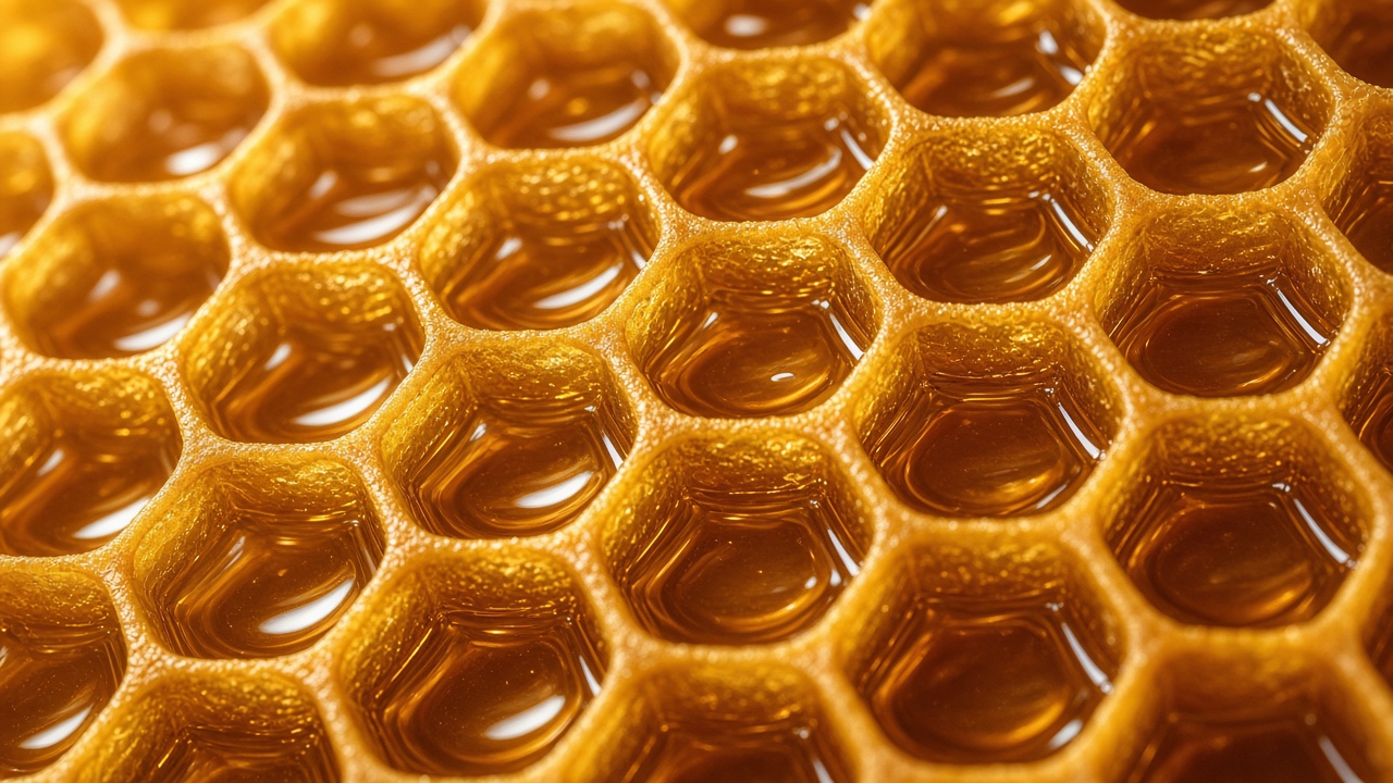 Extreme macro of golden honeycomb cells filled with glistening honey, original AI resolution showcase wallpaper