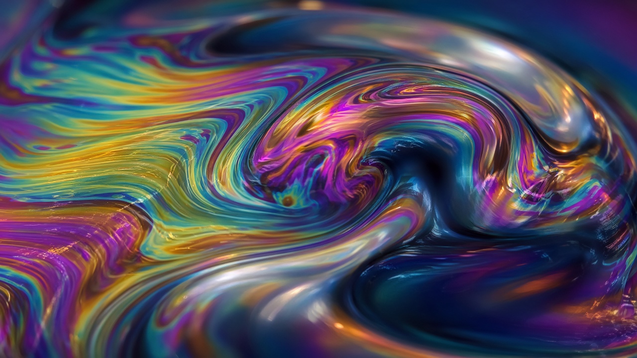 Extreme macro of swirling iridescent colors on a soap bubble surface, original AI resolution showcase wallpaper
