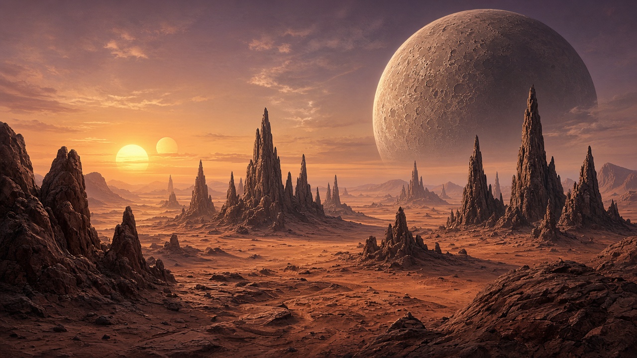 Alien desert planet landscape with strange rock spires under two setting suns and a large moon, original AI space wallpaper
