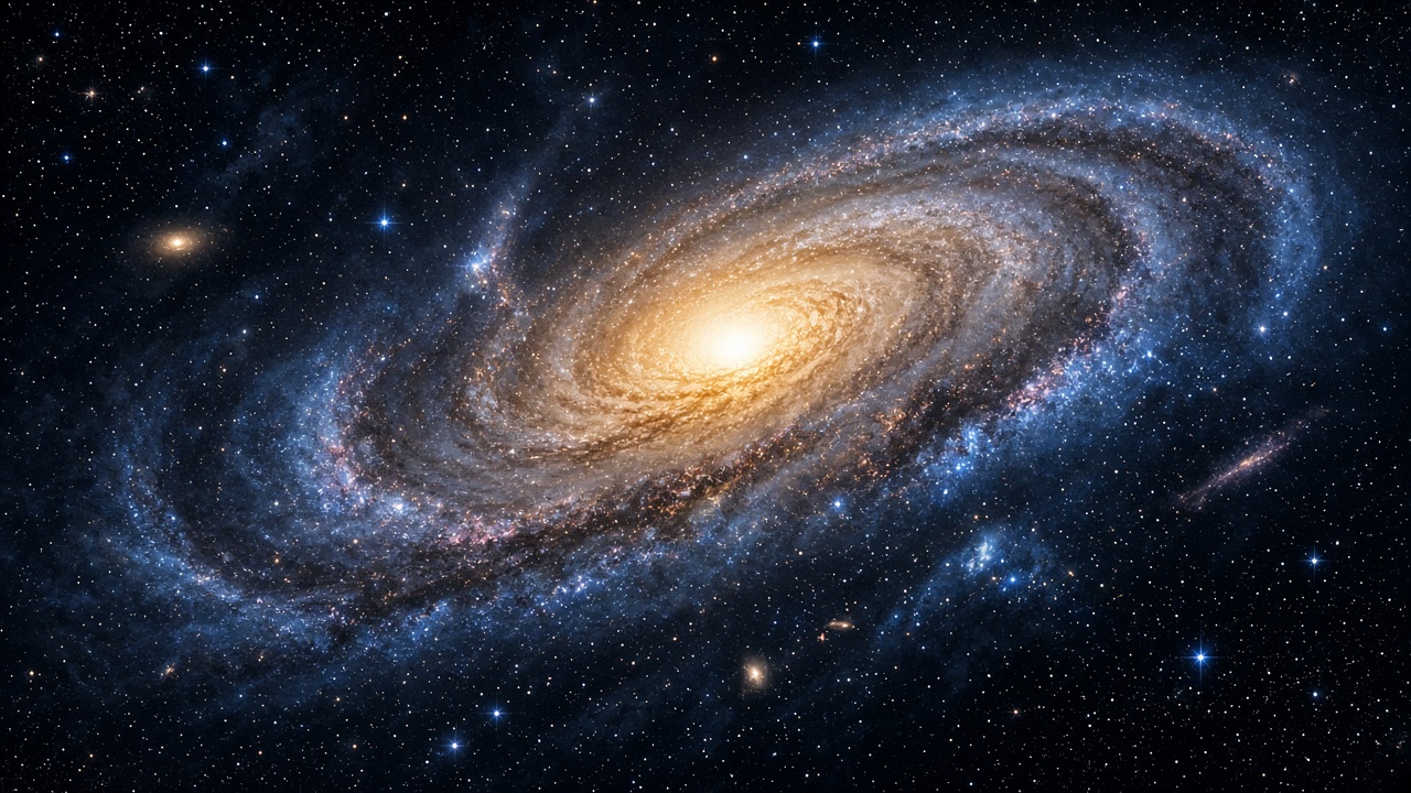 Large tilted spiral galaxy with golden core and blue arms surrounded by countless distant stars, original AI space wallpaper