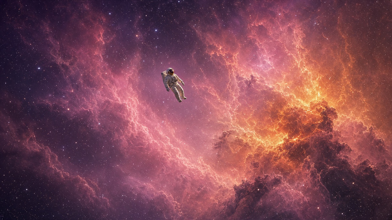Lone astronaut in a white suit floating in front of a vast pink and orange nebula, tiny against the cosmos, original AI space wallpaper