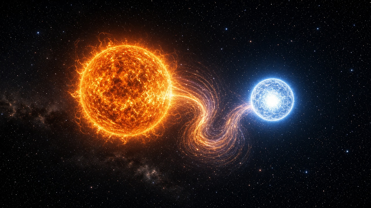 Two stars in close orbit, a large orange star streaming a glowing spiral bridge of plasma onto a small blue-white star, deep starfield background, original AI space wallpaper