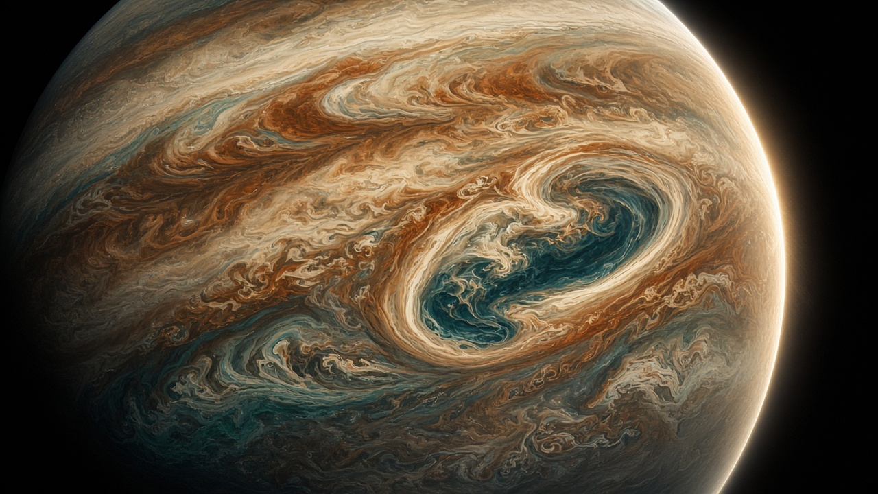 Close view of a fictional gas giant planet filling the frame, swirling cream, rust and teal cloud bands with a huge oval storm vortex, thin crescent of sunlight on the edge, original AI space wallpaper