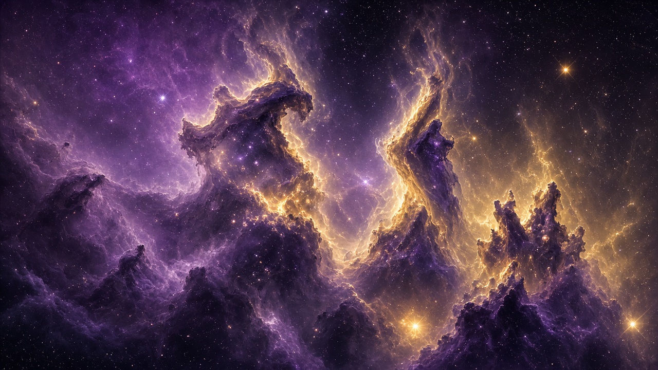 Towering cosmic gas pillars in purple and gold nebula with newborn stars, telescope-style image, original AI space wallpaper