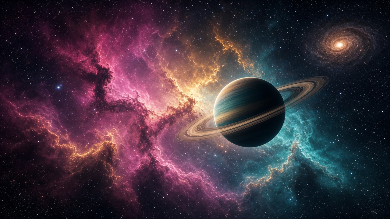 A ringed gas giant inside a glowing magenta, teal and gold nebula, with a distant spiral galaxy and dense stars