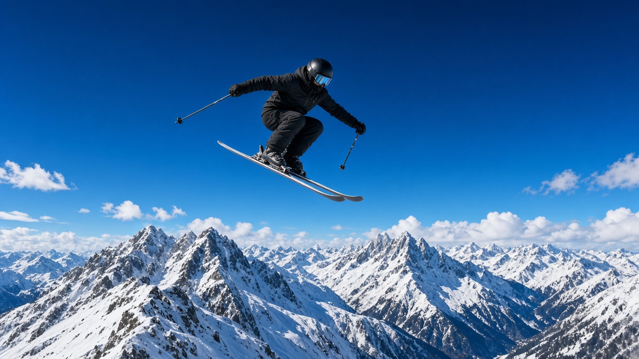 Adult skier in mid-air jump against a deep blue sky and snowy peaks, unbranded gear, original AI sports wallpaper
