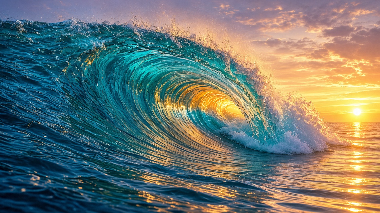 Curling turquoise barrel wave glowing with sunrise light from inside the tube, no people, original AI sports wallpaper