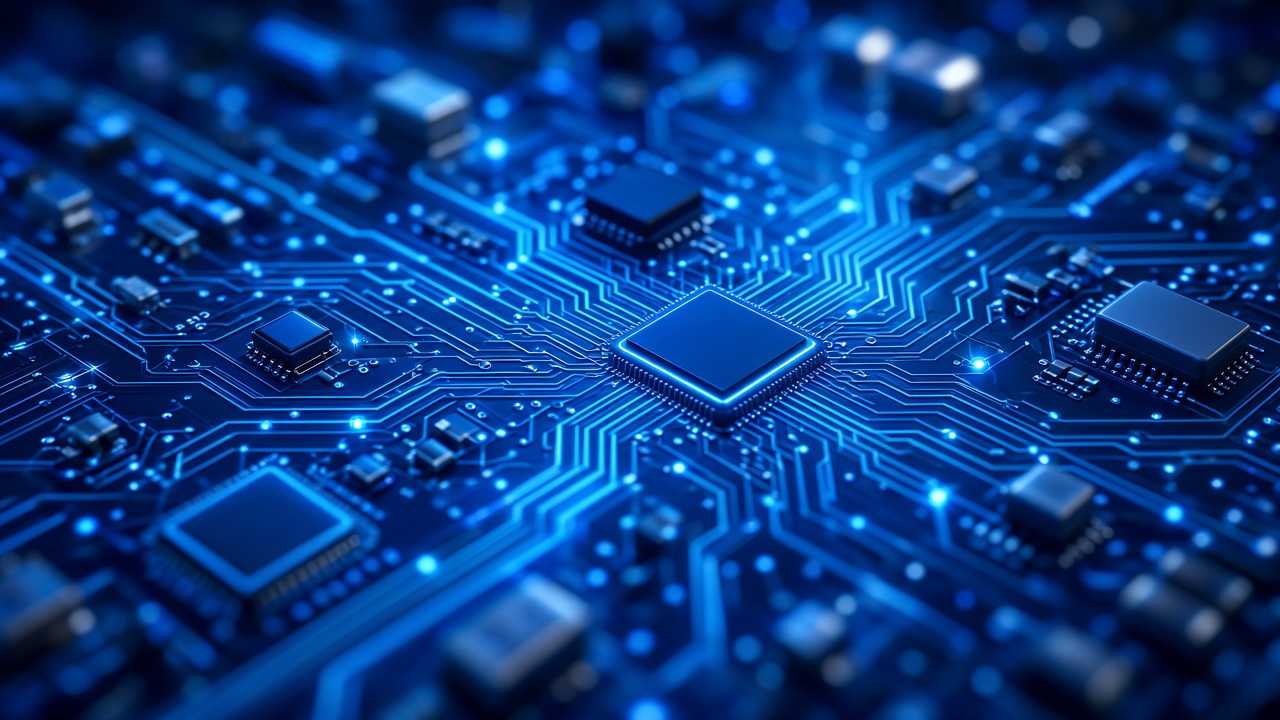 Macro shot of a glowing blue circuit board with tiny traces and chips, depth of field, no markings, original AI tech wallpaper