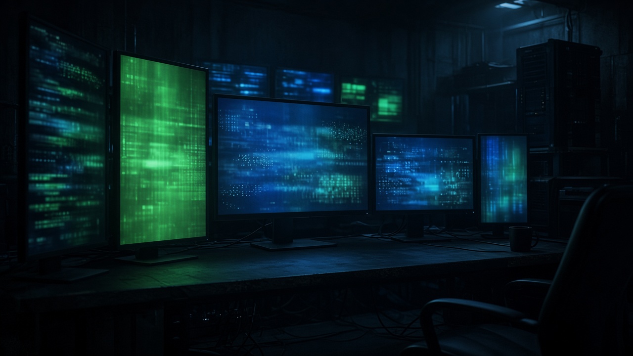 Dark room with multiple monitors glowing green and blue with abstract blurred data, no readable code, original AI tech wallpaper