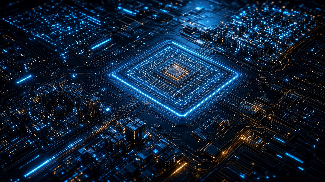 Macro of a glowing microchip surface that looks like a futuristic city at night, original AI tech wallpaper