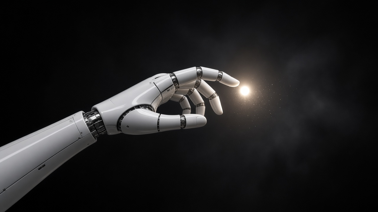 Sleek white robotic hand reaching toward a glowing point of light on a dark background, original AI tech wallpaper