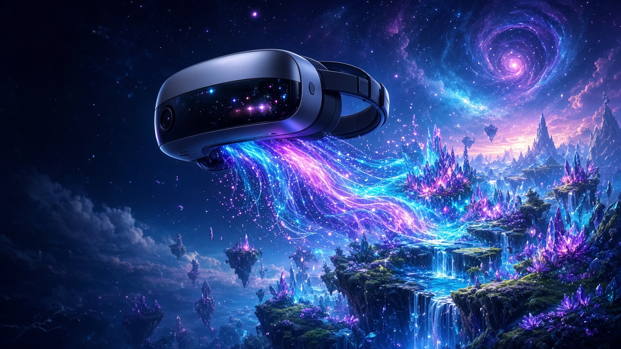 Unbranded VR headset floating with a vibrant digital landscape spilling out of it, original AI tech wallpaper