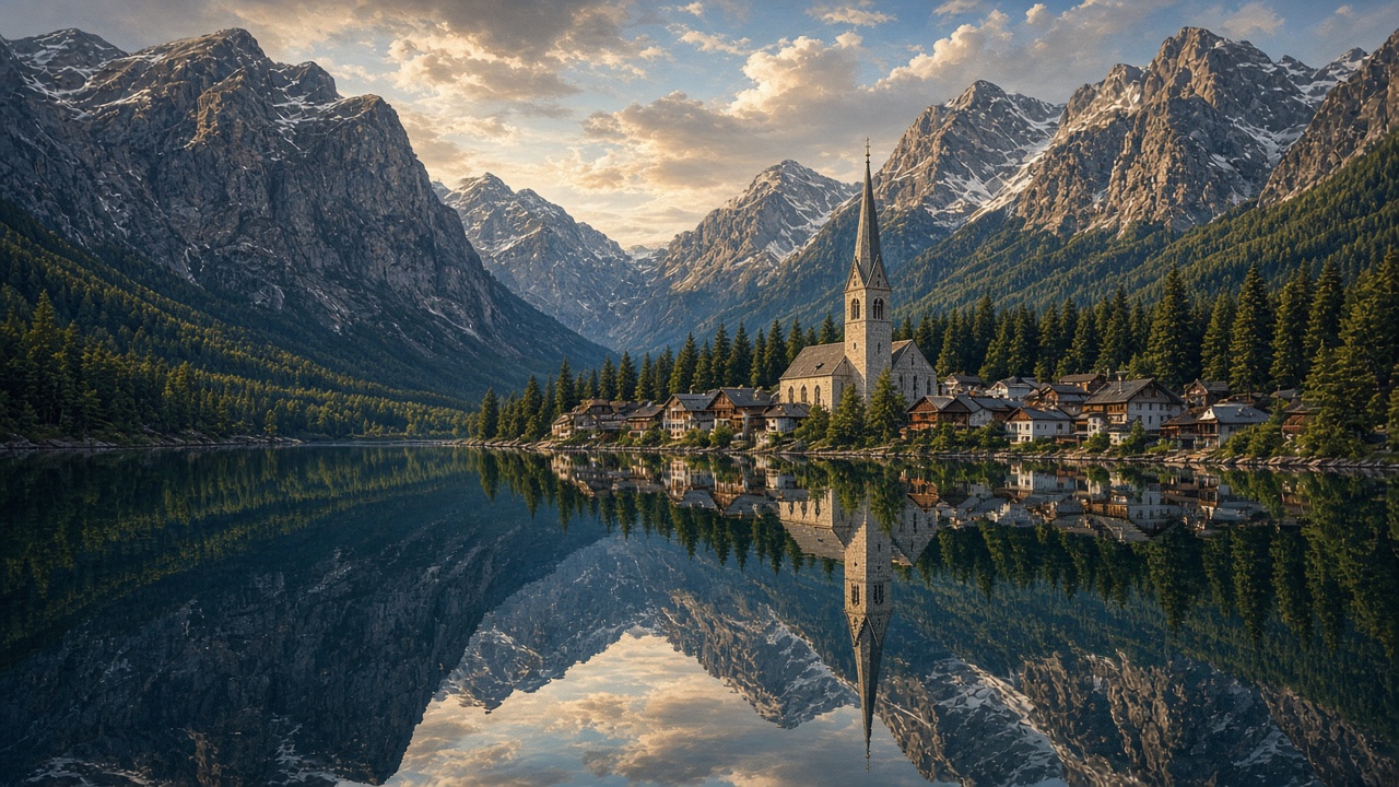 Small alpine town with a church spire reflected in a still lake beneath steep mountains, no signs, original AI travel wallpaper