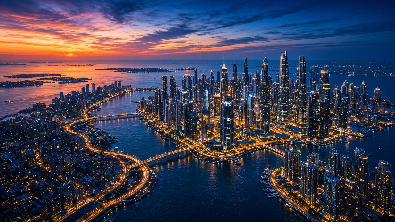 Aerial view of a glowing coastal city at sunset, with gold-lit towers, a river of light trails and the sea