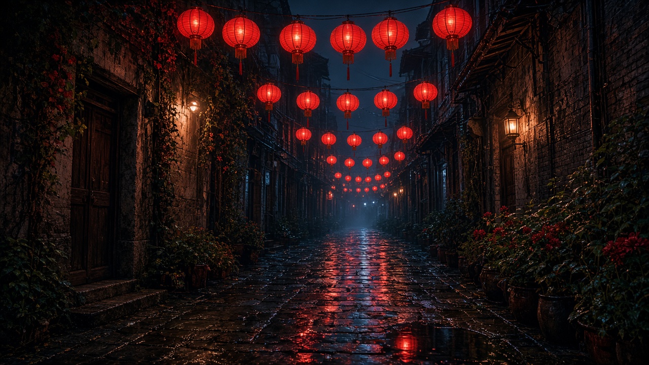 Narrow alley strung with glowing red paper lanterns at night, wet stones, no writing on lanterns, original AI travel wallpaper