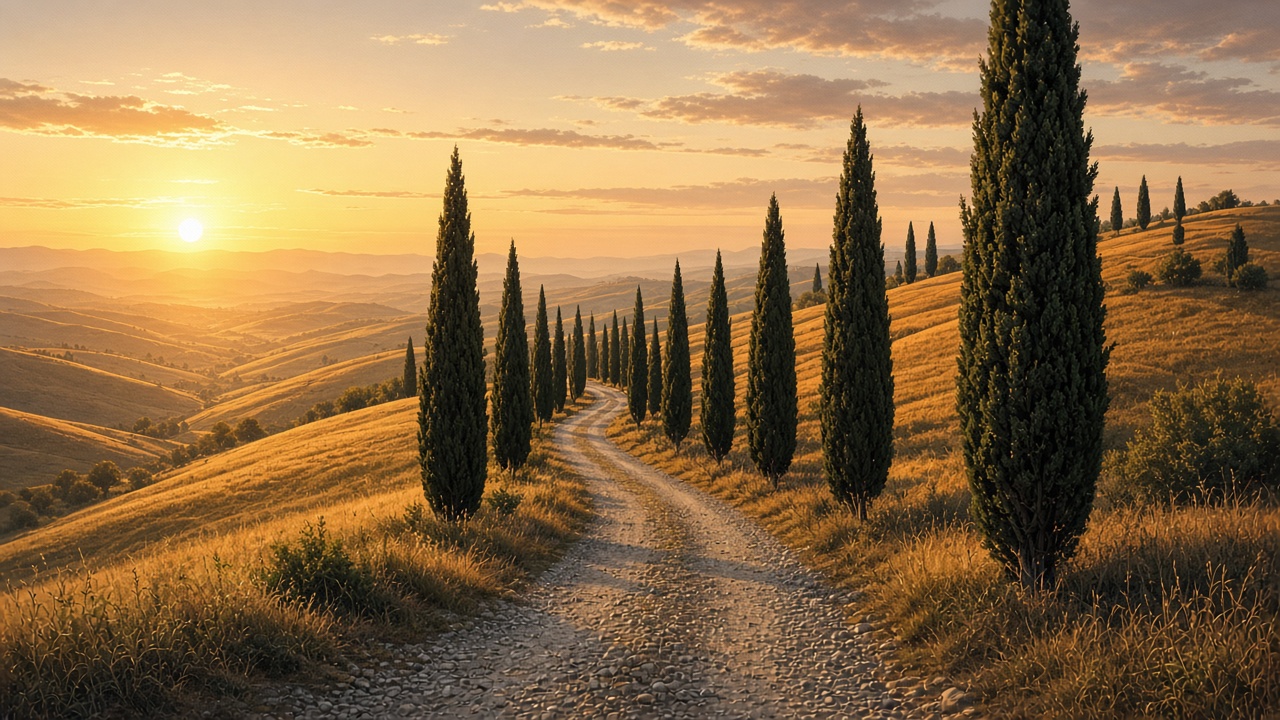 Winding gravel road lined with cypress trees through golden rolling hills at sunrise, original AI travel wallpaper