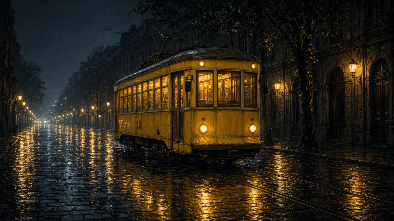 Old-fashioned unmarked yellow tram gliding down a rain-wet cobblestone street at night with glowing reflections, original AI vehicle wallpaper