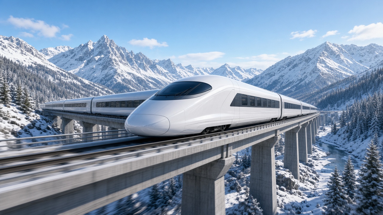 Sleek fictional white high-speed train with no markings racing across an elevated viaduct through a snowy mountain valley, motion blur, clear winter morning, original AI vehicle wallpaper