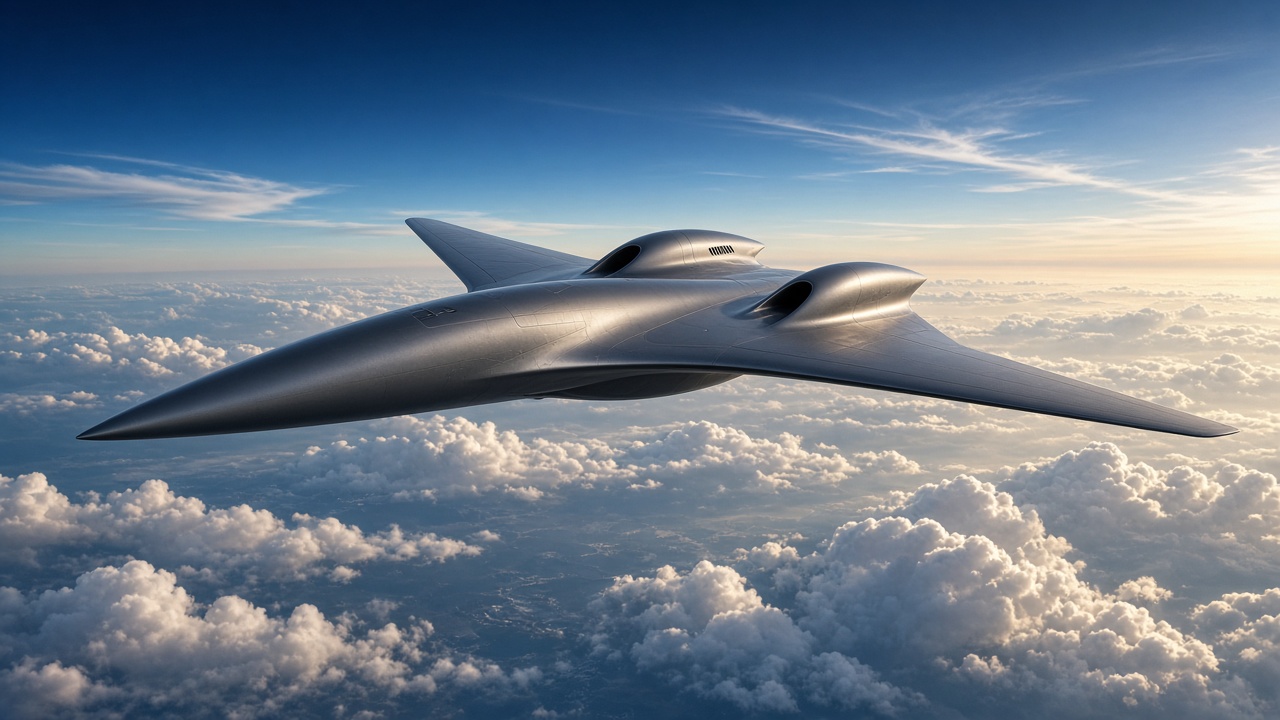 Original unmarked sleek concept jet aircraft soaring above sunlit clouds, no insignia, original AI vehicle wallpaper