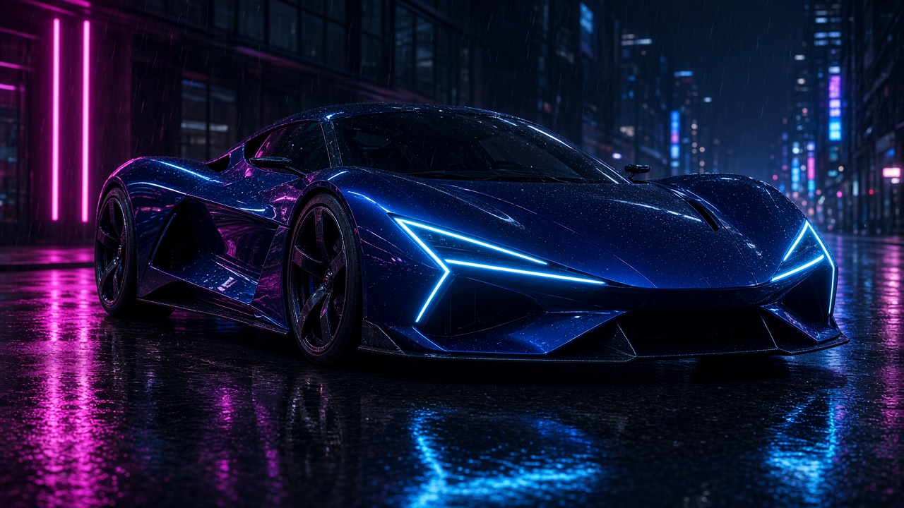 A sleek midnight-blue concept hypercar with cyan light strips on a wet neon-lit street at night