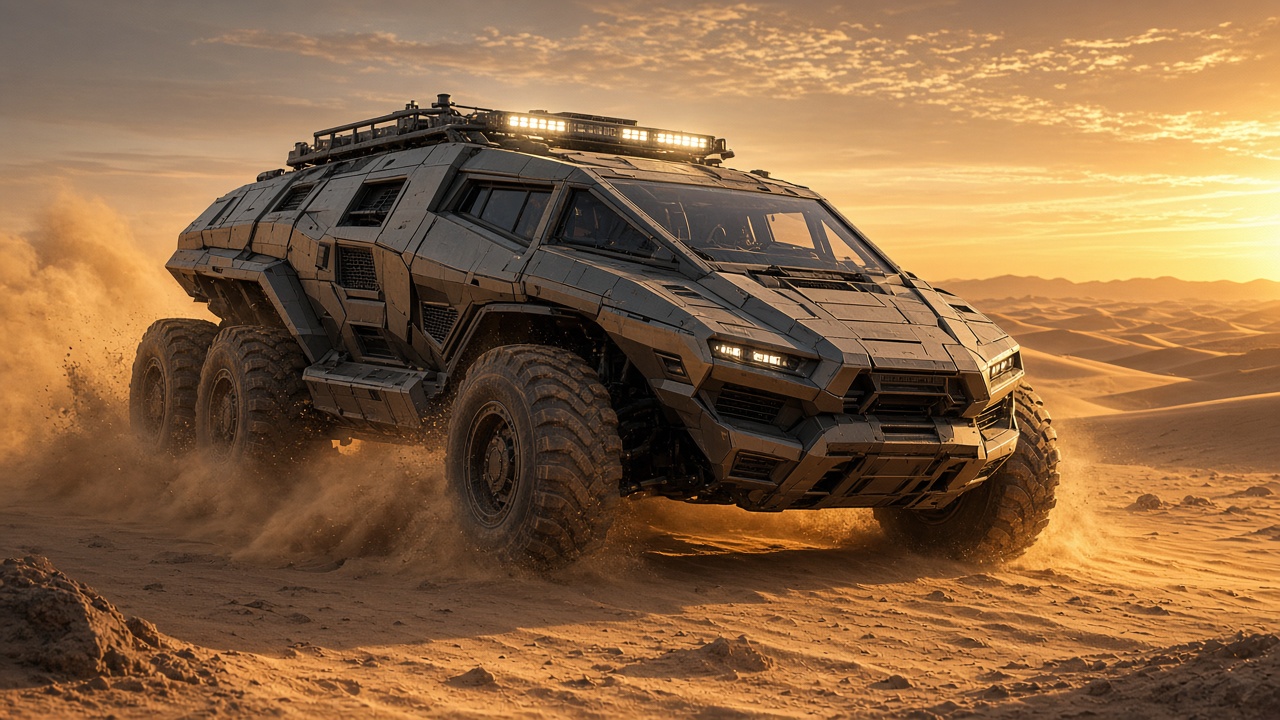 Fictional futuristic six-wheeled desert rover truck with angular armored panels and roof light bar, original design unlike any real vehicle, no emblem or badge, kicking up dust on dunes at golden hour, no plates, original AI vehicle wallpaper