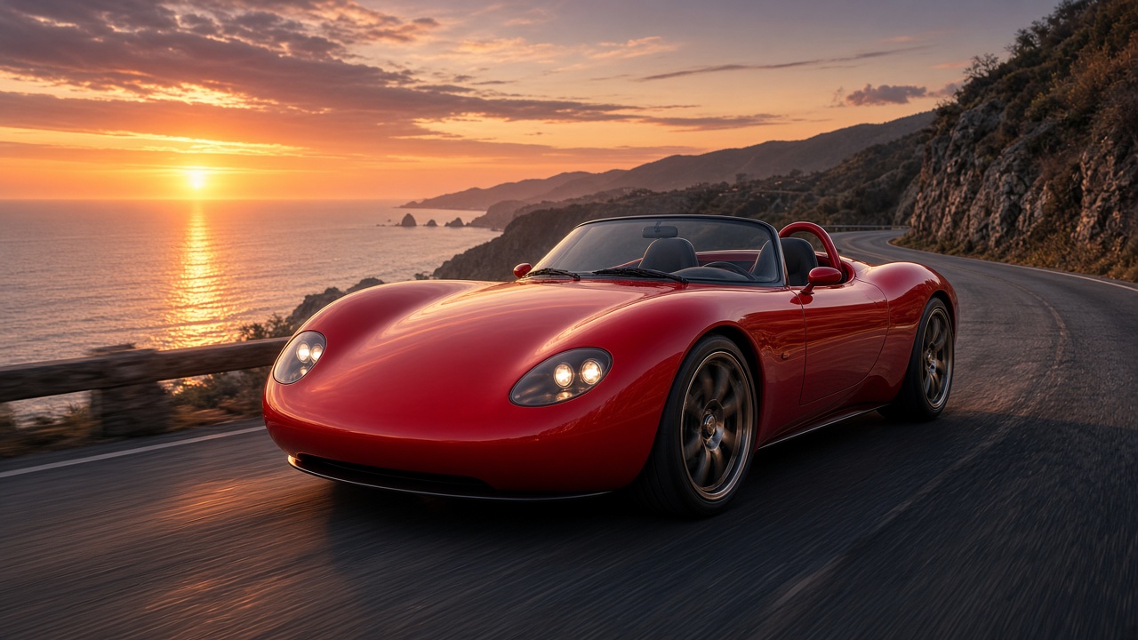 Fictional retro-futuristic red roadster with a smooth grille-less rounded nose and no emblem or badge anywhere, on a coastal cliff road at sunset, no plates, original AI vehicle wallpaper
