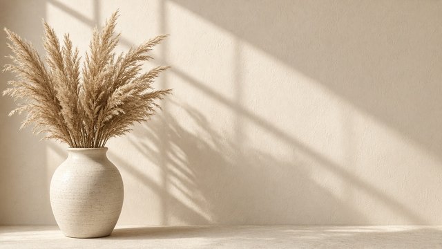 Dried pampas grass in a ceramic vase casting soft window shadows on a cream wall, original AI aesthetic wallpaper