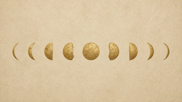 Minimal aesthetic row of moon phases in soft gold on a warm beige textured background, original AI aesthetic wallpaper