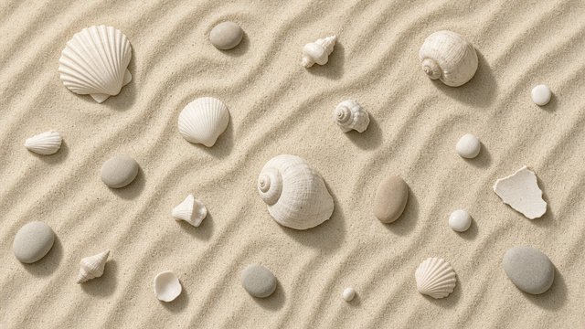 Minimal flat-lay of pale seashells and smooth pebbles arranged on soft beige rippled sand with gentle shadows, calm neutral palette, original AI aesthetic wallpaper