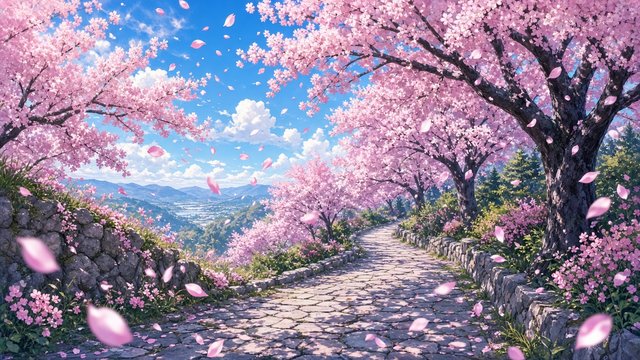 Anime-style landscape of a stone path under cherry blossom trees with petals swirling, bright spring sky, original AI anime-style wallpaper