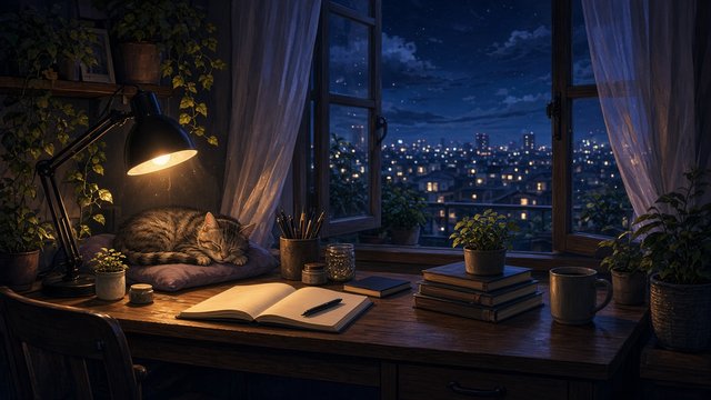 Anime-style cozy study desk by an open window at night with a desk lamp, plants, a sleeping cat and soft city lights outside, no people, no readable text, original AI anime-style wallpaper