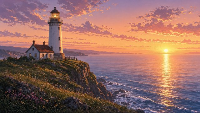 Anime-style white lighthouse on a grassy cliff above the sea at warm sunset, no people, original AI anime-style wallpaper