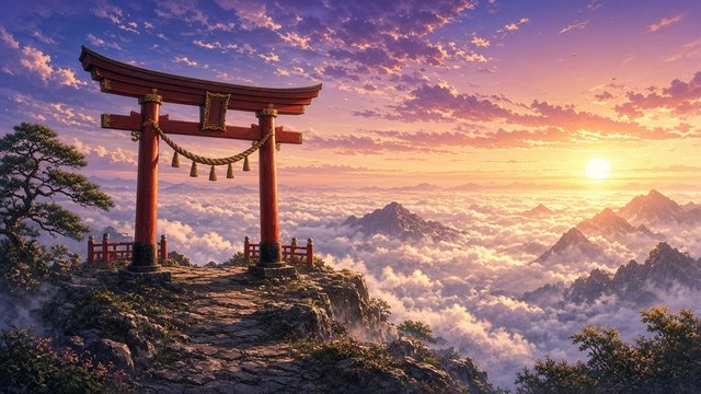 Anime style red wooden shrine gate on a mountain peak above a sea of clouds at sunrise, original AI anime-style wallpaper