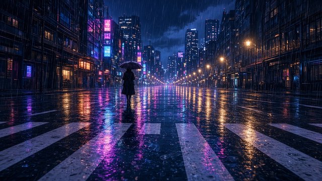 Anime style wet city crosswalk at night with reflections of colorful signs as blurred abstract light, an adult with an umbrella in the distance, original AI anime-style wallpaper
