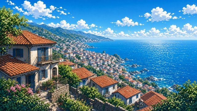 Anime style hillside seaside town with tiled roofs overlooking a sparkling blue ocean on a summer afternoon, original AI anime-style wallpaper