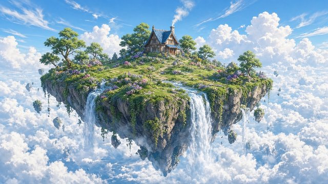 Anime-style floating island with waterfalls and a small house high among bright clouds, original AI anime-style wallpaper